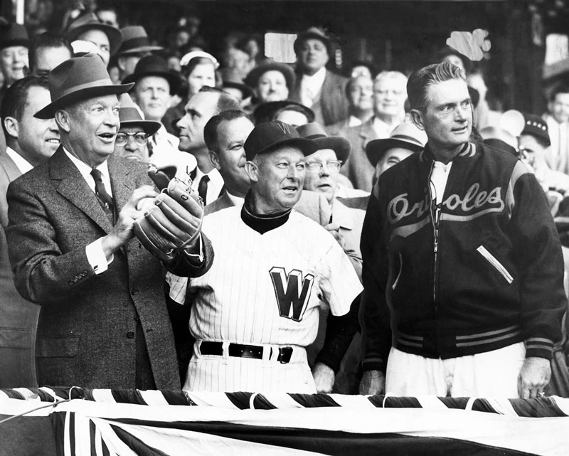 President Eisenhower with Chuck Dressen and Paul Richards at 1957 baseball game