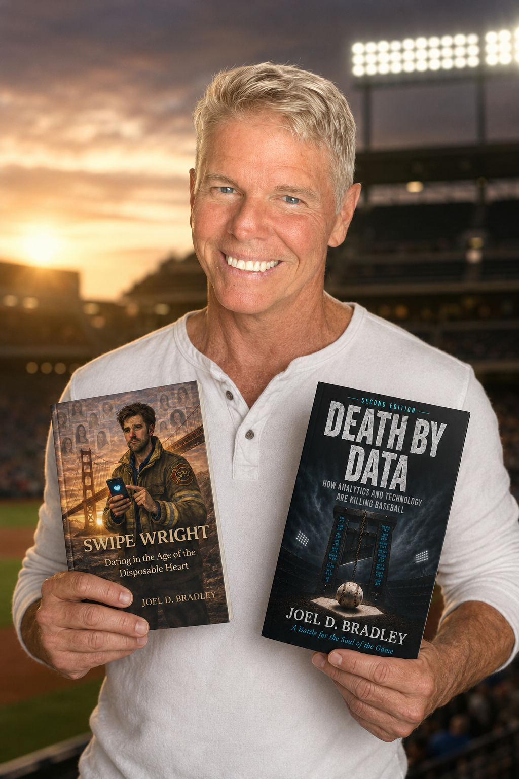 Joel D. Bradley holding his books Swipe Wright and Death By Data